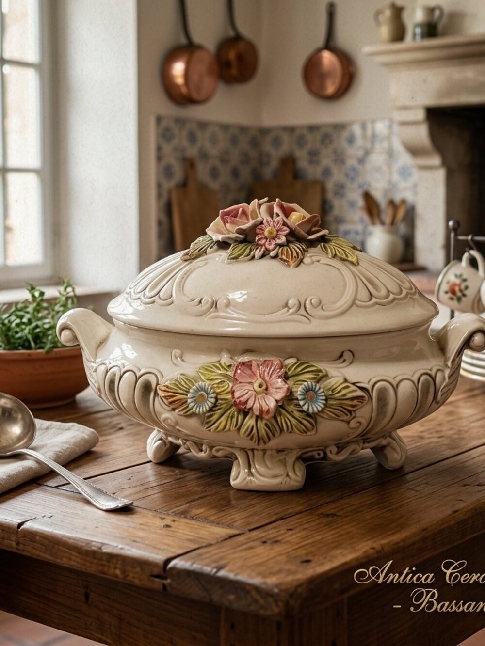 Vintage Capodimonte Italy Soup Tureen Floral Porcelain LCS Off White Black Wash